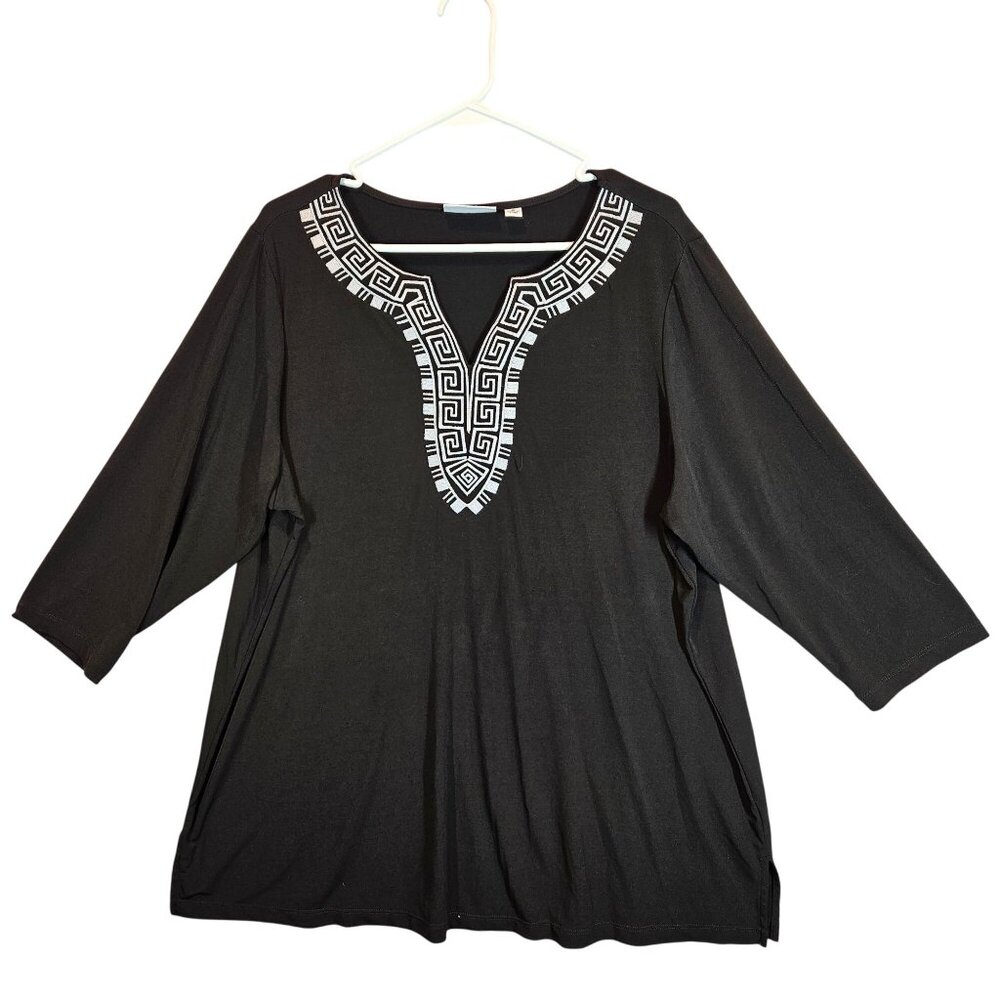 JM collections Black Embroidered V-Neck Top 3/4 Sleeve stretch business casual